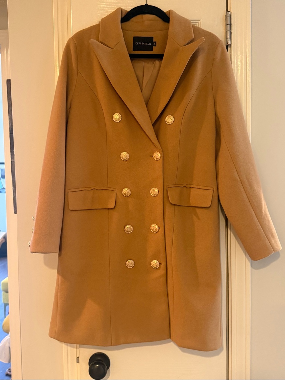 Joie Camel Double-Breasted Wool Pea Coat with Gold Buttons